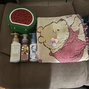 Watermelon Bag and Winnie the Pooh Blanket w flower earrings and Foam Soaps